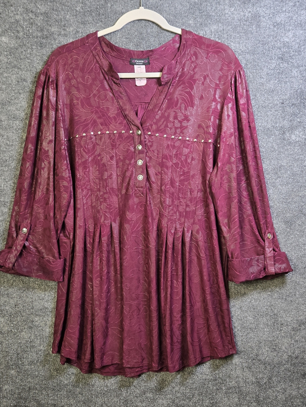 Cocomo Top Womens 2X Burgundy Wine Jersey Embossed Knit Tunic Rivets Steampunk